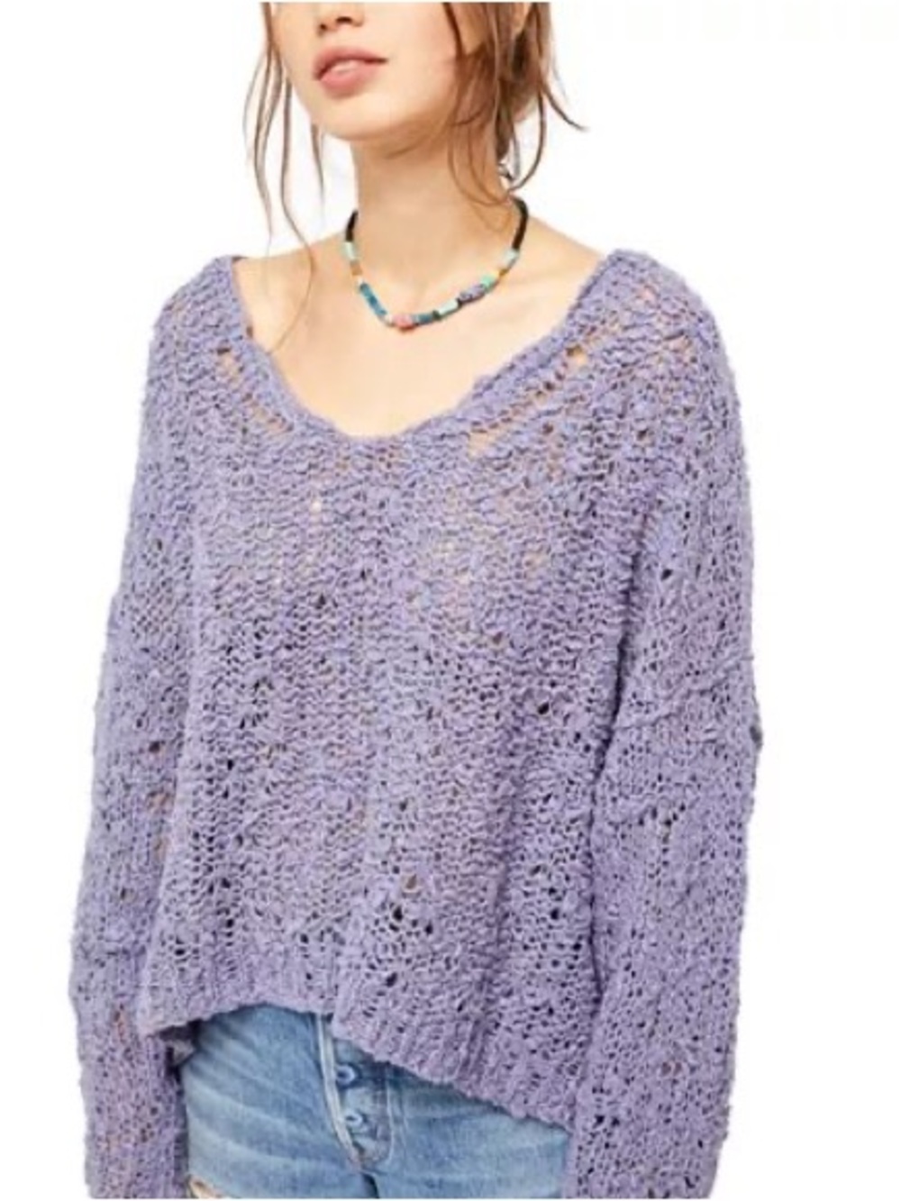 Free People Sunday Shore Open Chunky Knit Pullover Sweater Twilight Purple - Med